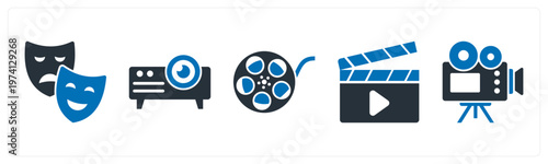 A set of 5 mix icons as theatre, projector, movie reel