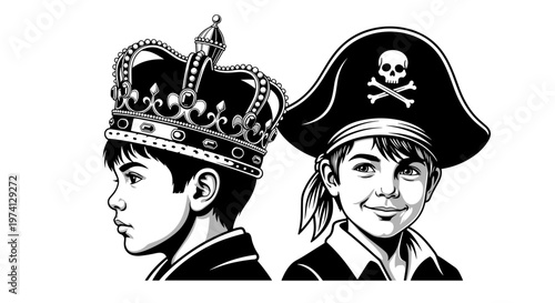 Split image of two boys one wearing a regal crown and looking left the other a pirate hat with skull and crossbones