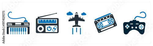 A set of 5 mix icons as piano, radio, plane