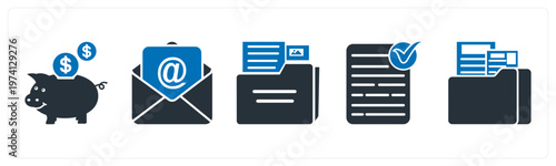 A set of 5 mix icons as piggy bank, email, folder