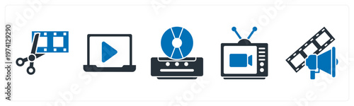 A set of 5 mix icons as movie editing, online video, cd player