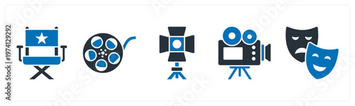 A set of 5 mix icons as director chair, movie reel, spotlight