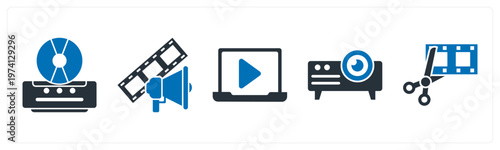 A set of 5 mix icons as cd player, film advertisement, online video
