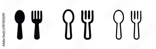 Spoon and Fork Icons Set. Cutlery symbol, utensil for eating meals. Simple vector sign for restaurant, kitchen, menu.