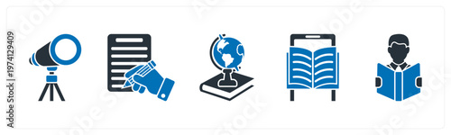 A set of 5 mix icons as telescope, writing, history