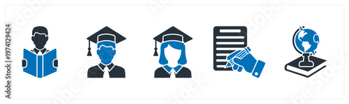 A set of 5 mix icons as reading, graduate boy, graduate girl