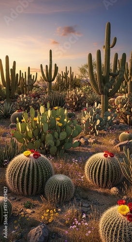 Desert Cactus Landscape - A Vibrant Sunset Scene.