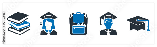 A set of 5 mix icons as books, graduate girl, school bag