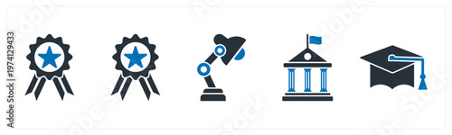 A set of 5 mix icons as badge, medal, study lamp