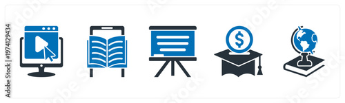 A set of 5 mix icons as e learning, mobile learning, white board