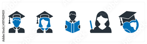 A set of 5 mix icons as graduate boy, graduate girl, reading
