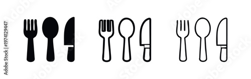Fork, Spoon, and Knife Icons Set. Complete cutlery symbol, dining utensils for restaurant, kitchen, menu.
