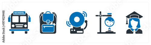 A set of 5 mix icons as school bus, school bag, school bell