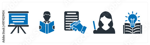 A set of 5 mix icons as white board, reading, writing
