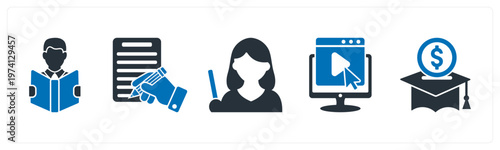 A set of 5 mix icons as reading, writing, teacher