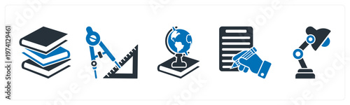 A set of 5 mix icons as books, geometry, history