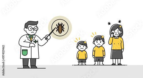 Doctor points to tick illustration showing worried family with children concerned about potential infestation