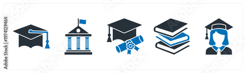 A set of 5 mix icons as graduation cap, school, degree
