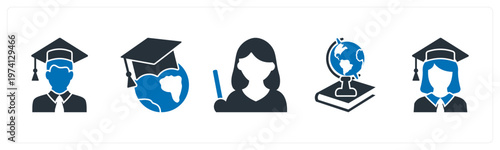 A set of 5 mix icons as graduate boy, global education, teacher