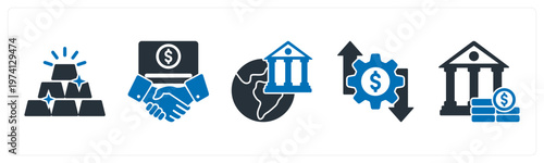 A set of 5 mix icons as billion, financial partnerhsip, global banking