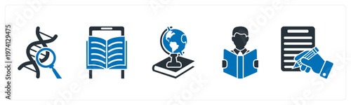 A set of 5 mix icons as dna search, mobile learning, history