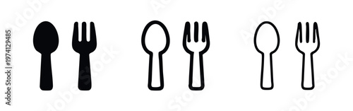 Spoon and Fork Icons Set. Cutlery symbol, utensil for eating meals. Simple vector sign for restaurant, kitchen, menu.