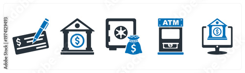 A set of 5 mix icons as cheque, bank, locker