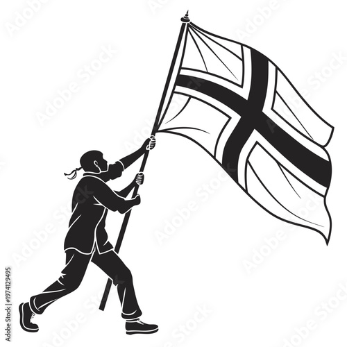 Black and white vector illustration, protester waving flag, bold graphic design, activism symbol