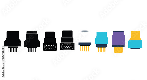 An assortment of computer and electronic connector types in various colors