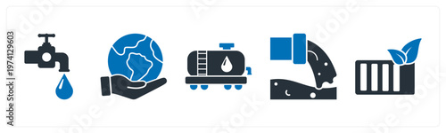 A set of 5 mix icons as save water, save earth, fuel pump