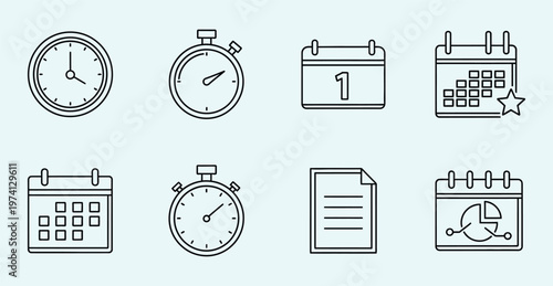Time management icons clocks calendars and stopwatches in linear style