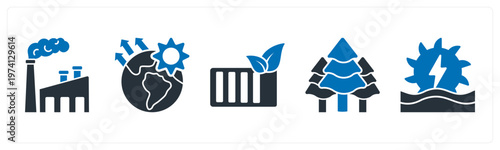 A set of 5 mix icons as factory pollution, global warming, eco battery