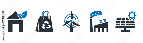 A set of 5 mix icons as eco house, recycle bag, windmill