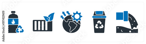 A set of 5 mix icons as recycle bottle, eco battery, global warming