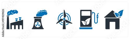 A set of 5 mix icons as factory pollution, windmill, eco fuel