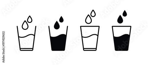 Drinking water drops glass icon set. Water glass with water drop icon set. Drinks glass symbols. Drinking water symbol. Vector Illustration