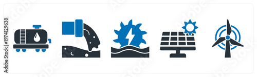 A set of 5 mix icons as fuel pump, gutter, hydro power