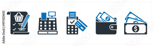 A set of 5 mix icons as item list, billing machine, card swipe machine