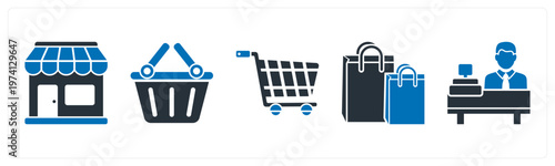 A set of 5 mix icons as store, shopping basket, shopping cart