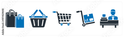 A set of 5 mix icons as shopping bag, shopping basket, shopping cart