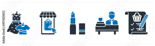 A set of 5 mix icons as clothes, mobile shopping, lisptick