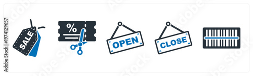 A set of 5 mix icons as sale tag, coupon, open board