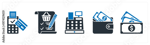 A set of 5 mix icons as card swipe machine, item list, billing machine