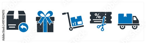 A set of 5 mix icons as return parcel, present, luggage trolley