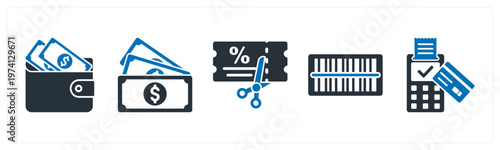 A set of 5 mix icons as wallet, cash, coupon