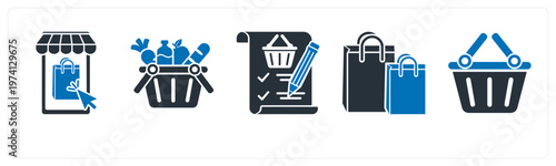 A set of 5 mix icons as mobile shopping, grocery, item list