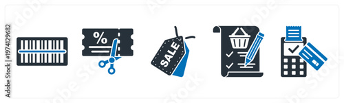 A set of 5 mix icons as barcode, coupon, sale tag