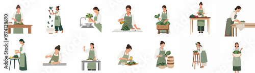Flat illustration collection of women in green aprons preparing healthy meals with fresh kale and organic vegetables in various cooking poses.