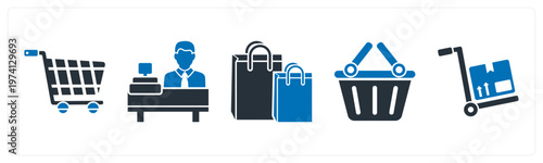 A set of 5 mix icons as shopping cart, receptionist, shopping bag