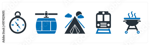 A set of 5 mix icons as compass, cable car, camping tent